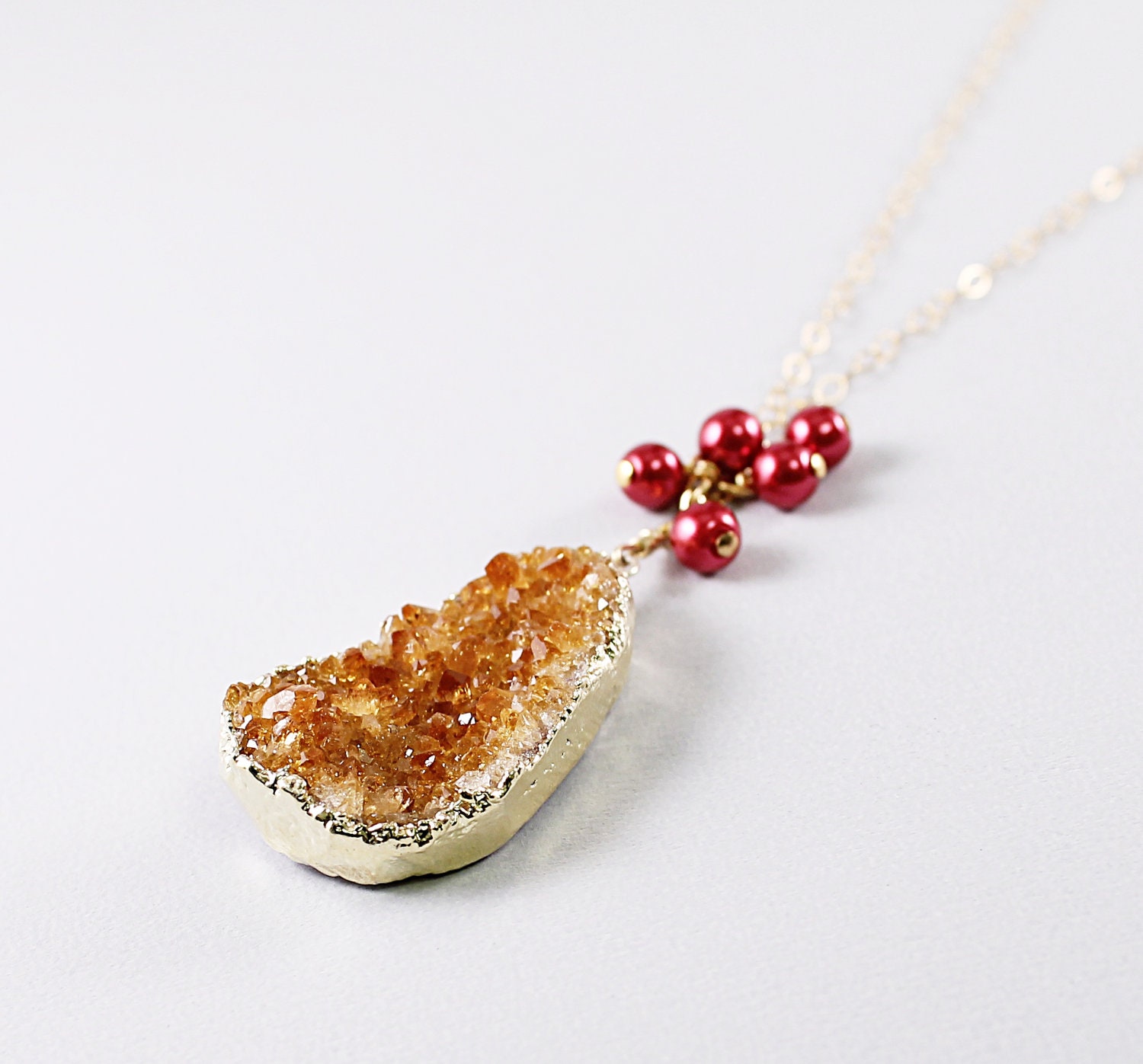 Citrine druzy necklace: gold jewelry, pink pearls natural stone chain bold druzy handmade summer fashion