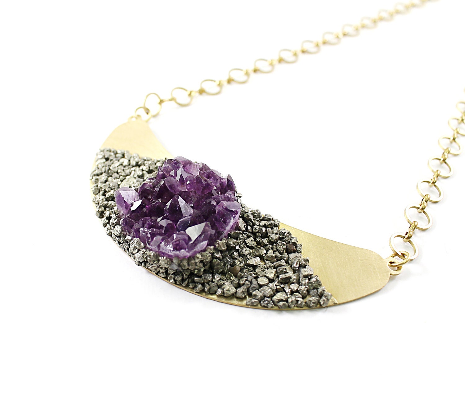 Amethyst necklace: druzy necklace gold stone necklace drusy pendant pyrite handmade jewelry - NatureLook