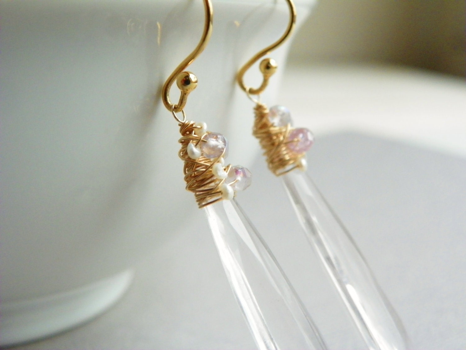 Rose Quartz Drop Earrings in 14k Gold. Delicate Light Pink Earrings. Pearl Earrings. Long Gold Earrings. Gifts for Her.