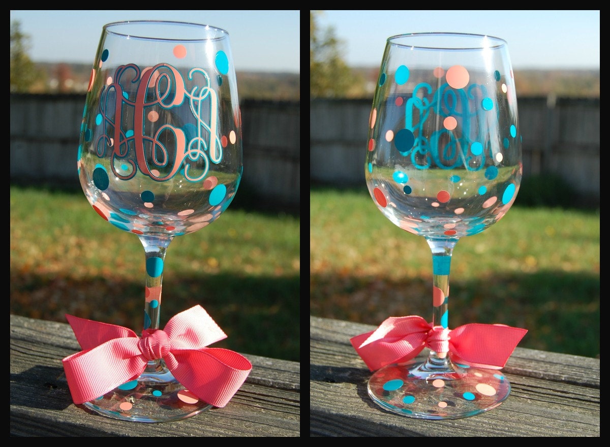 Vine Monogram Wine Glasses - Decorated in vinyl with ribbon accent