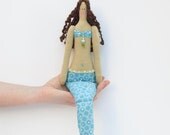Sweet Mermaid doll handmade fabric doll blue - softie plush,cloth doll art doll lovely rag doll brunette Mermaid- gift for girl and mom