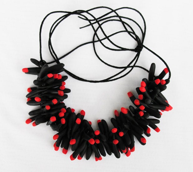 Red neon black necklace, exotic elegant casual - cluster polymer clay beads