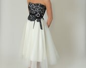 Tea Length Black and White Wedding Dress, Lace and Tulle, Strapless -Eco Friendly -Plus Size -Made to Order