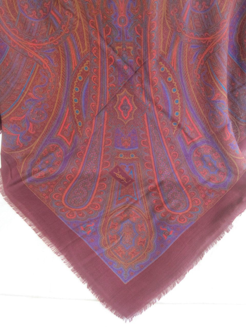 YSL Vintage 70s Burgundy Paisley Oversized Wool and Silk Shawl Scarf