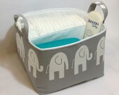 LG Diaper Caddy 10"x10"x7" Fabric Bin, Fabric Storage Organizer, Basket, White Elephant /Grey with White Lining