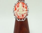 Ganesh Elephant Ring Cameo Style in Carnelian and White On Adjustable Silver Filigree Band