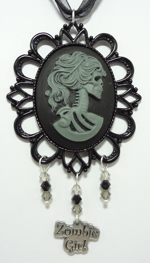 Gothic Lolita Necklace with Czech Crystals, Zombie Girl, Fleur de Lis and Lock Charms - On A Quadruple Strand Black Ribbon