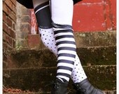 Pippi Leggings - WHITE Black Striped GARTER Legging  - Polka Dot Striped Tights - MEDIUM Legging Womens Tights