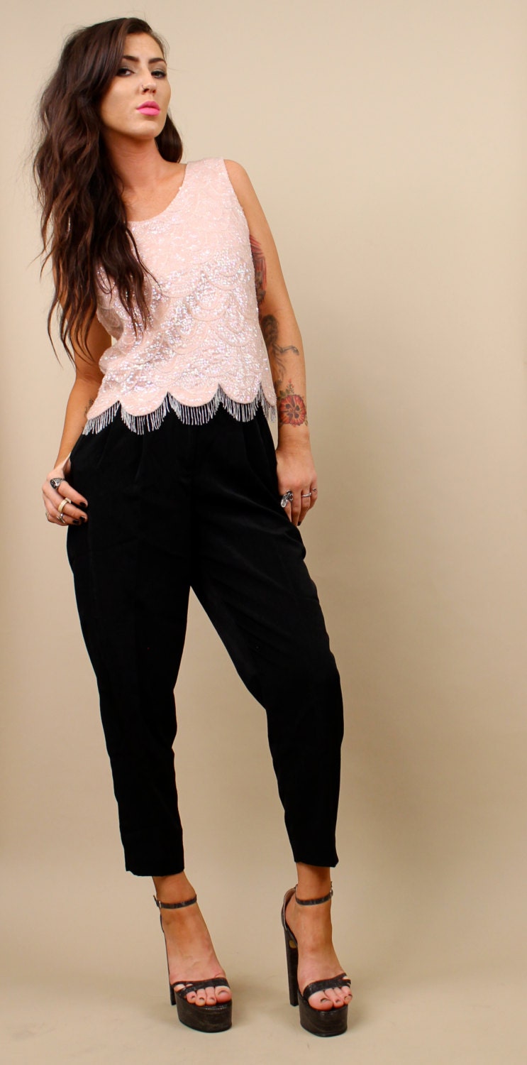 1950s 60s Vtg Sequin & Heavily Beaded MERMAID Scales Blouse Tank Top / Bubblegum Pink / Deco Scallop Fringe Tunic / Sz Small / Embellished
