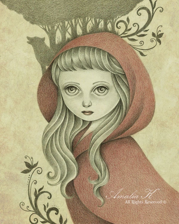 Print of Original Pencil Drawing, Girl Illustration, Woodland Fantasy - Little Red Riding Hood by Amalia K