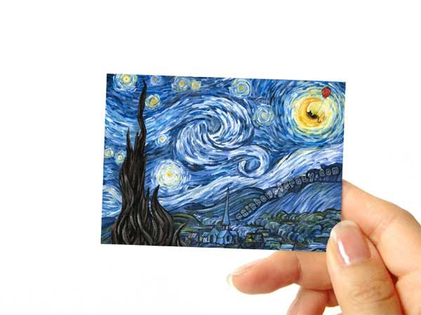 Starry Night ACEO Print, Black Cat Art, Red Balloon Artwork, Van Gogh, Cat Nap Picture, Night Sky, Miniature Art
