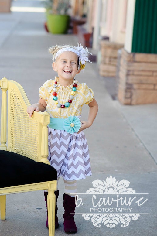 The Sasha - Yellow Grey Aqua Blue Chevron Girls Dress 6-12mo - 12 yrs Short Sleeve