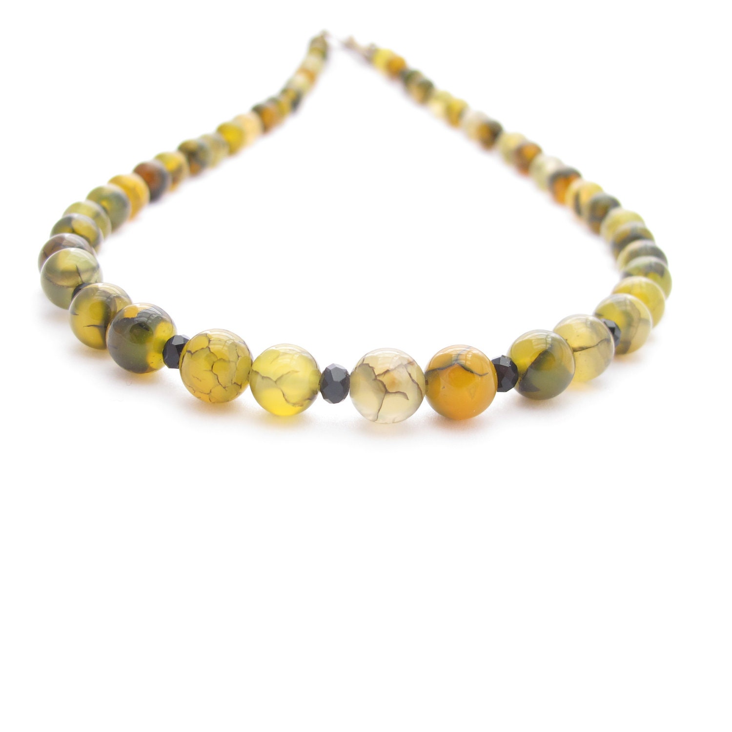 Dragon Vein Agate and Crystal Necklace, Black, Yellow, & Green