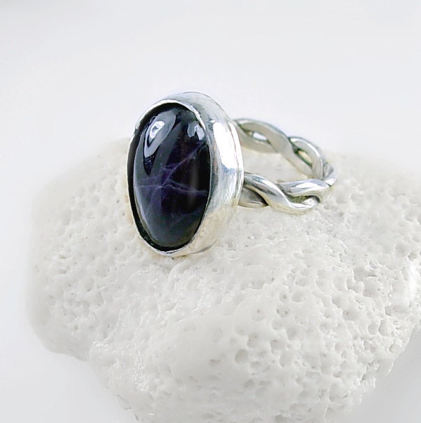 Amethyst & Sterling Silver Ring, Woven Band, Hand cut stone, February Birthstone, Custom Sizes