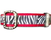 Dog Collar Zebra on Red w Rhinestones -- Free Charm