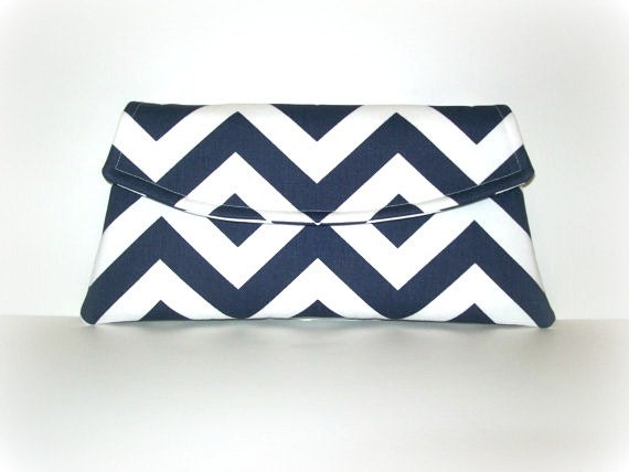 Navy Blue Clutch, Navy Blue and White Chevron Clutch, Classic Angled Clutch by MSG FabriCreations