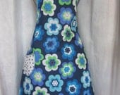 Cute APRON Womens Full Sewn Handmade Bright colors Flowers print - polka dot pocket and ties