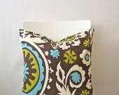 20 inch throw pillow cover, Suzani brown, blue, white, and green. Floral, modern print. For indoor use.