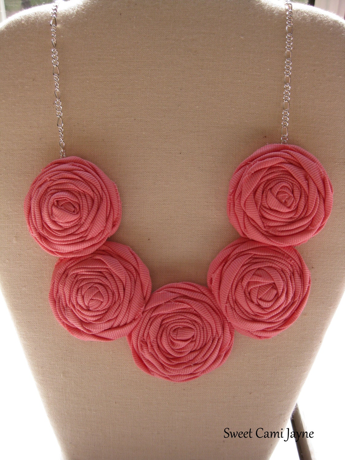 Pink Rosette Necklace Fabric Necklace Bib Necklace