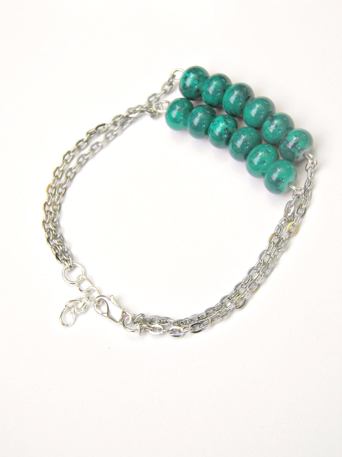 Blue Green Beaded Glass Double Strand Bracelet Emerald color Glass Bead Two Stranded Chain Bracelet