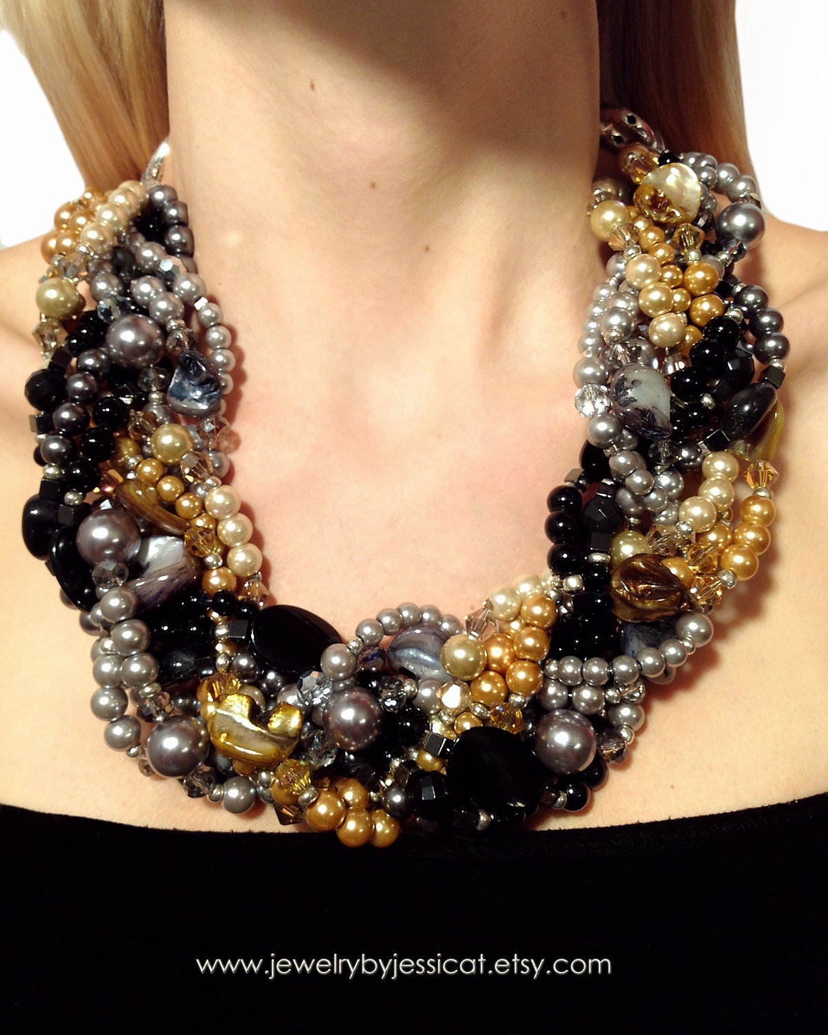 GRAND TWISTED, Statement Necklace, Black, Gray, Silver, Gold, Champagne, Graphite, Gunmetal, Chunky, Jewelry by Jessica Theresa