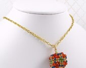 Beaded Beadwoven Pendant Cube Necklace // Geometric // Blue Purple Orange Green Gold // Czech Glass Seed Beads // Sidonia Jewelry