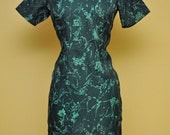 Vintage 60s Teal Asian Dress with Japanese Floral Print for Rockabilly Pinup Girls 40s 50s Retro