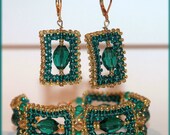 Glamorous golden and emerald green squares jewelry set of Japanese seed beads and Swarovski crystals bracelet cuff beadwoven Right Angle