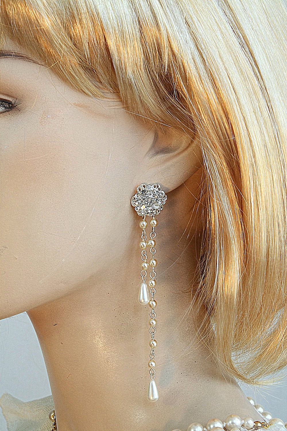Bridal Chandelier Earrings Ivory Cream Pearls Silver Posts Vintage Glamour Crystals And Pearls Wedding Earrings - Gala Collection