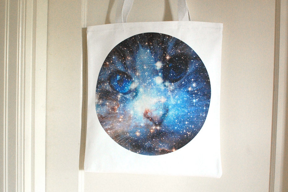 Cat Space Galaxy Nebula Print White Tote Bag Canvas Shopper