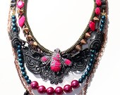 Anthropodis, Neon Statement Necklace, Bib necklace, insect rhinestone with lace, rope, spikes and draping chains, OOAK costume jewelry