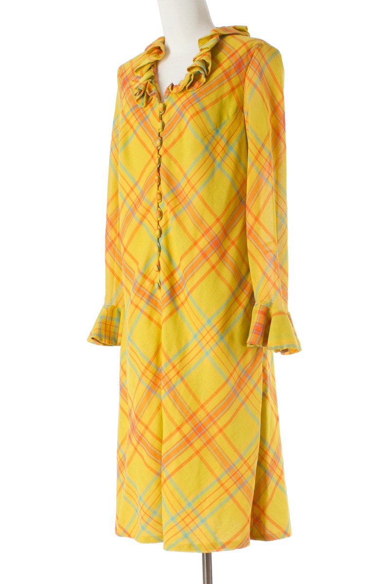 Yellow Plaid Vintage Dress 60s Mod Ruffles Stripes Large