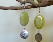 Handmade Yellow Oval Gemstone Bead and Silver Floral Charm Earrings- Repurposed and Salvaged Green Yellow Lime Flower Leaf Hook Affordable