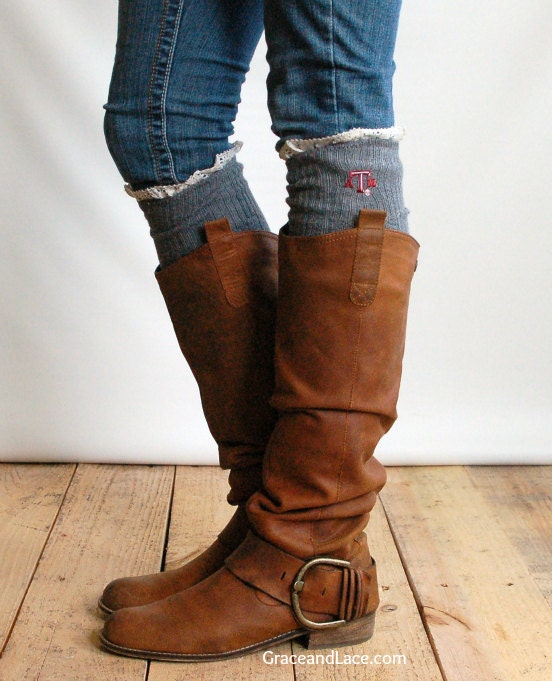Lacey Fan TEXAS A&M Boot Socks cable knit boot sock with lace and school logo - Collegiate boot socks (Item no. 12-16)