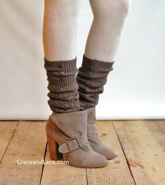 SALE SALE LouLou -Coffee: Open-work Leg warmers w/ rubbed bronze metal buttons - Legwarmers boot socks (item no. 9-6)