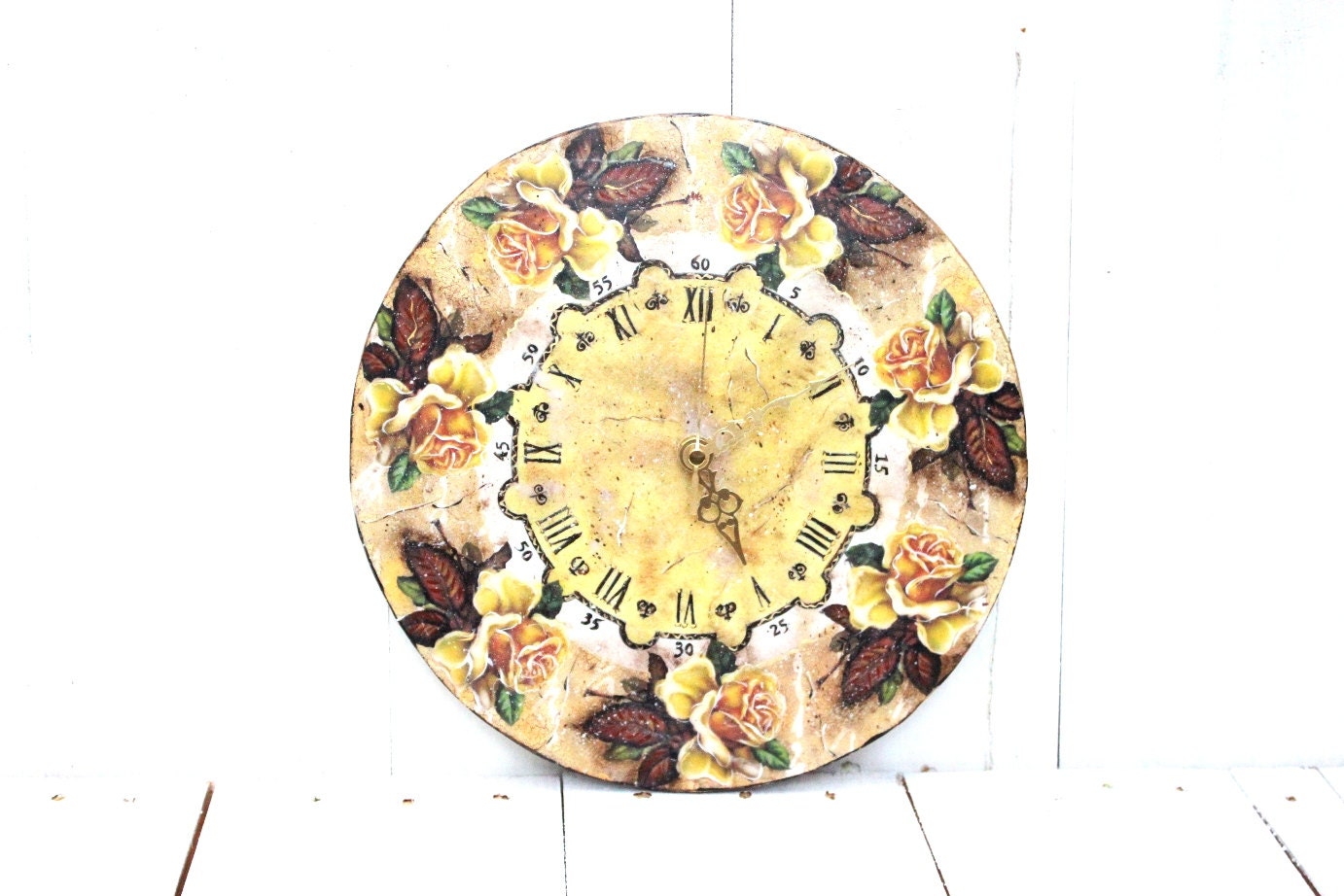 Wall Clock Yellow Roses Country Rustic Decor Floral Clock