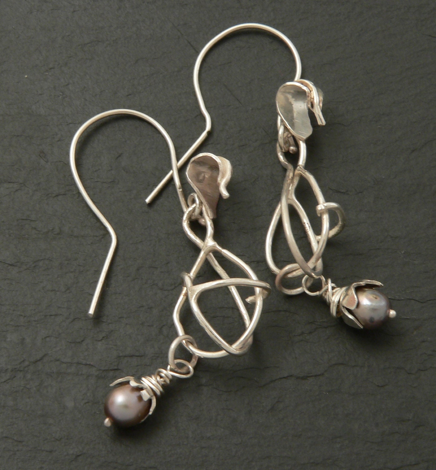 Sterling Silver Leaf and Vine Drop Earrings with Dark Pearl