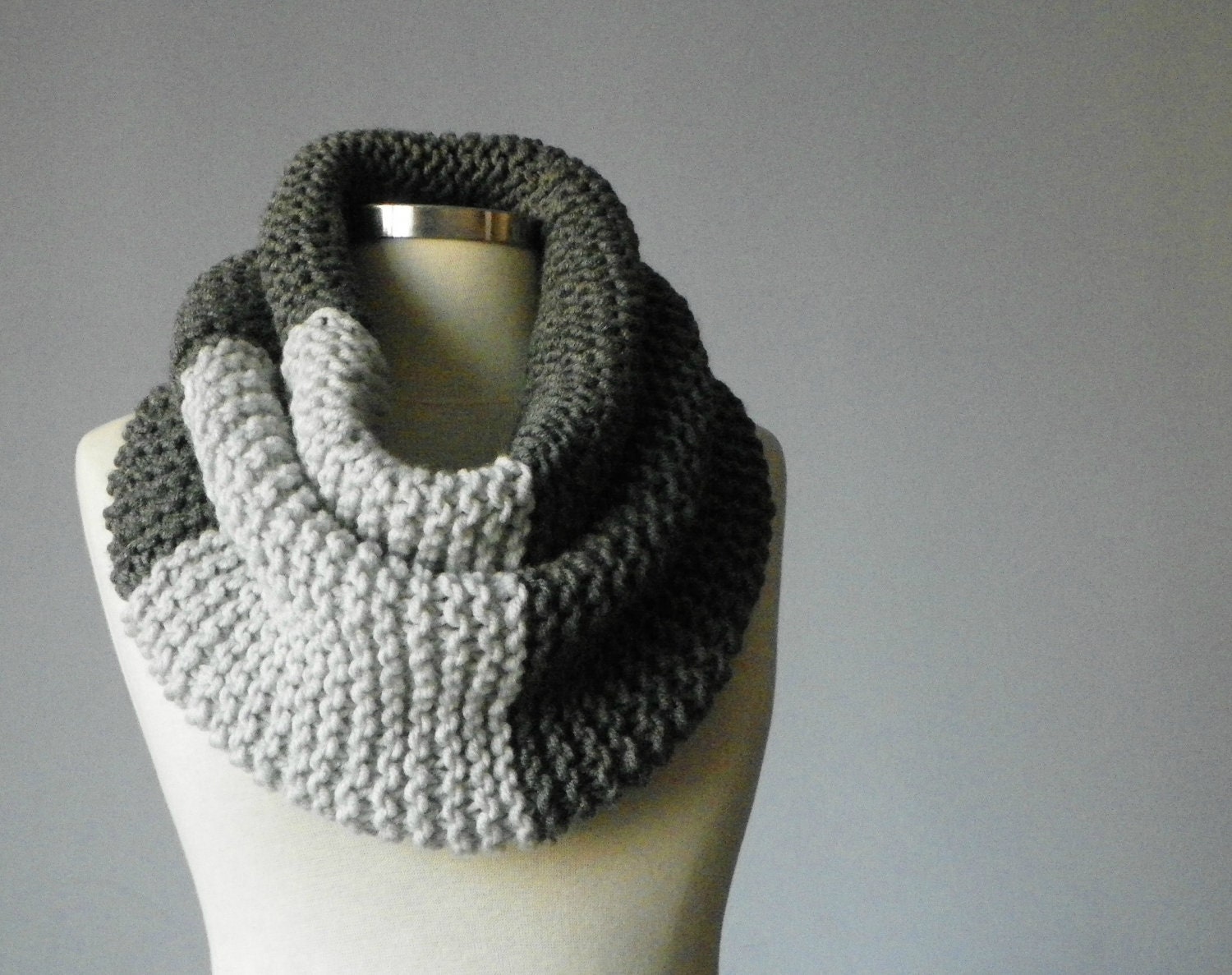 Knitted Cowl Scarf Neck Warmer, dark grey ice white Handmade winter, fall women accessories, valentine's day gifts, chunky infinity cowl