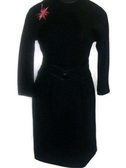 Vintage 40's- 50s Black Belted Wiggle Dress by Dorothy Litzan of New York- "Roban"