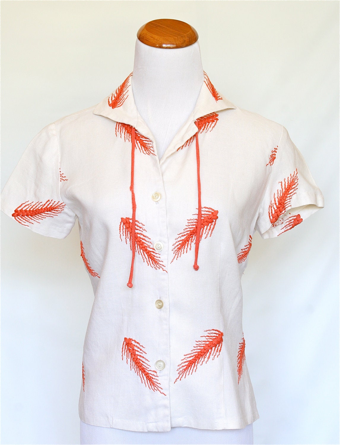 Vintage Shirt, Embroidered Linen in Cream and Rust