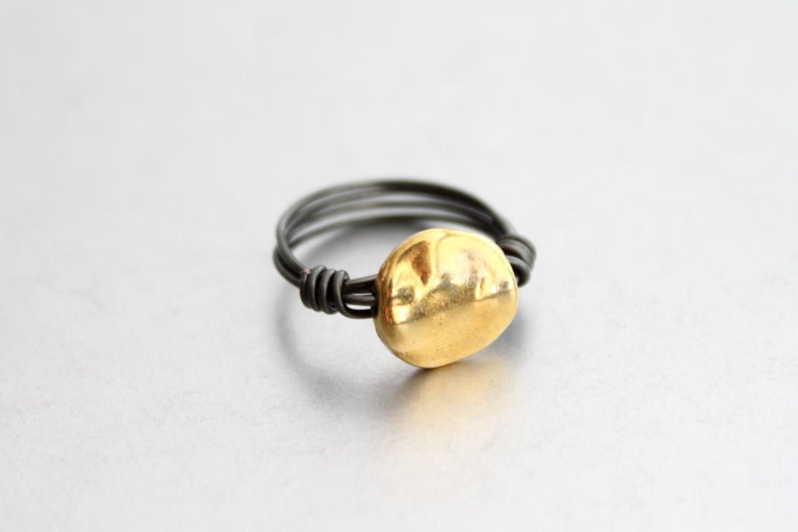Gold Ring - Rustic Round Organic Statement Ring, Dark Silver Mixed Metals, Handmade Wire Wrapped Ring, Made to Order Gift Under 15