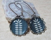 Dangle Drop Earrings - Slate Blue and White Fern Leaf Paper Print in Lace Bezel - Platinum Tone Over Brass