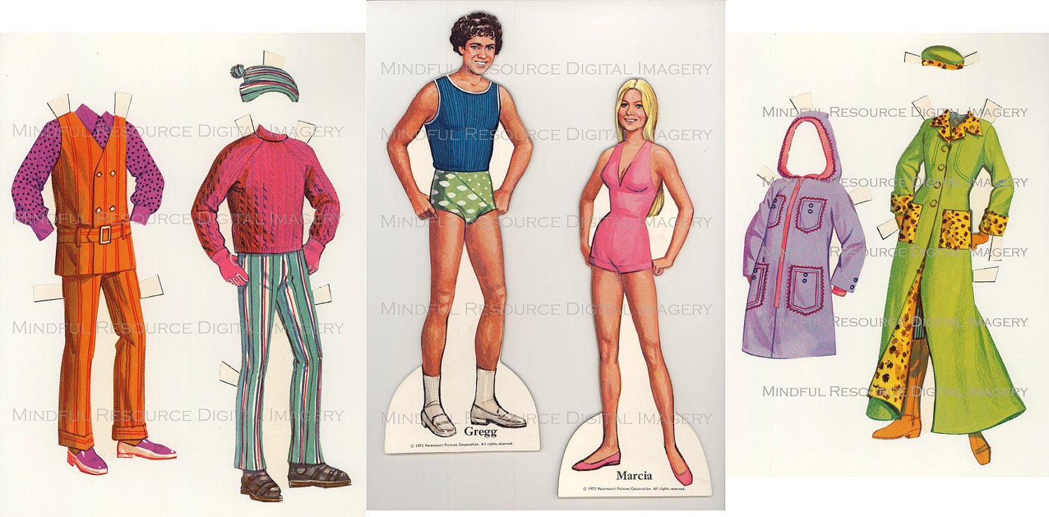 Printable Paperdoll Brady Bunch Vintage Fashion Paper Dolls  Marsha Greg Dolls 21 Dress Ensembles Digital Download Sheets Scanned Originals