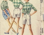 1950s Sewing Pattern McCall's Summer Shorts Misses Shirt Button Front Blouse Ties at Waist Rolled Sleeves Pointed Collar Bust 32