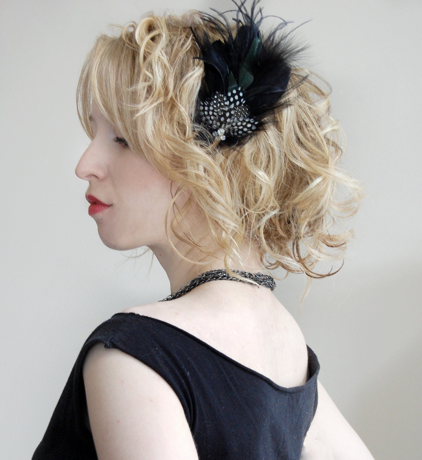 Vintage Jewel Feather Hair Clip Brooch -- Black and Vintage Rhinestone
