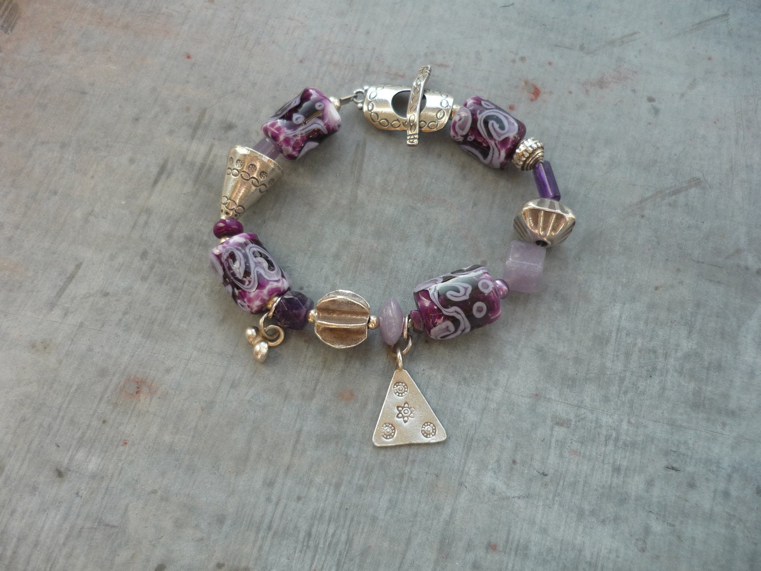 Artisan Lampwork Beads, OOAK, Boho, Amethyst, Purple, Sterling Silver, Cowgirl, Charm Bracelet