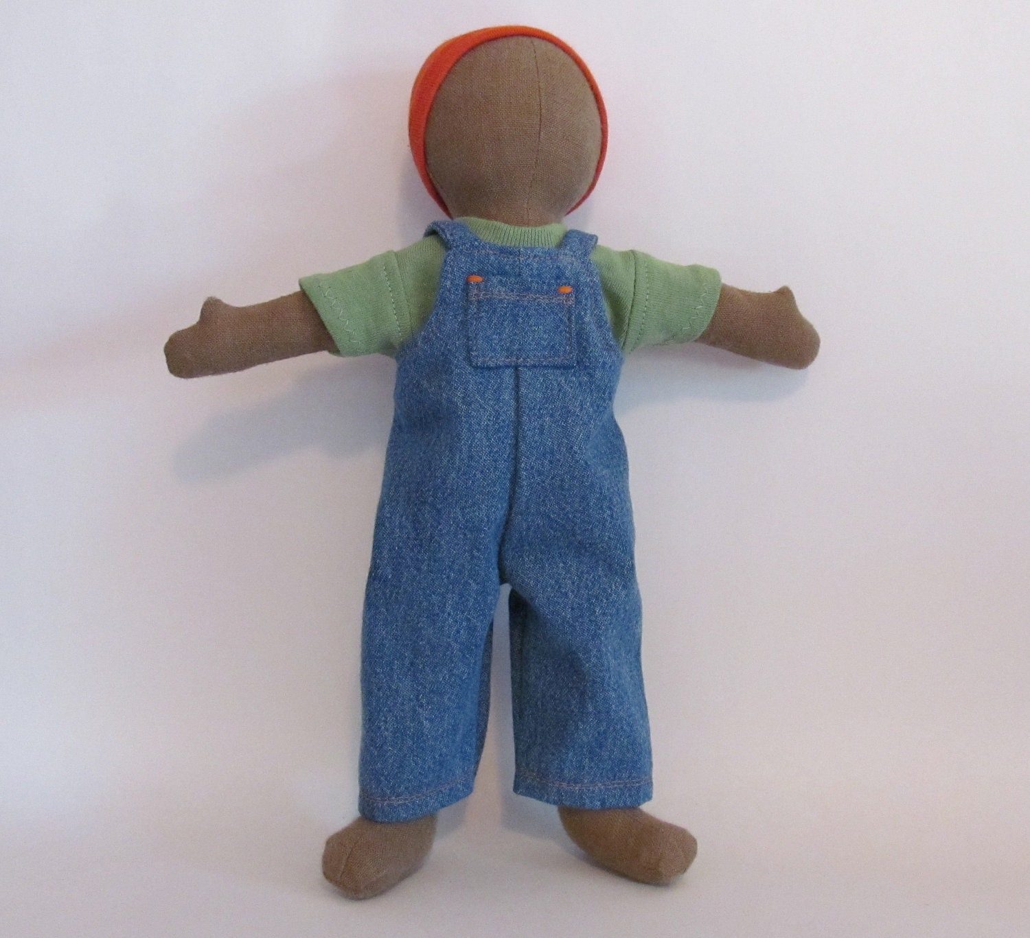 Denim overalls, green t-shirt and orange cap for 11" doll