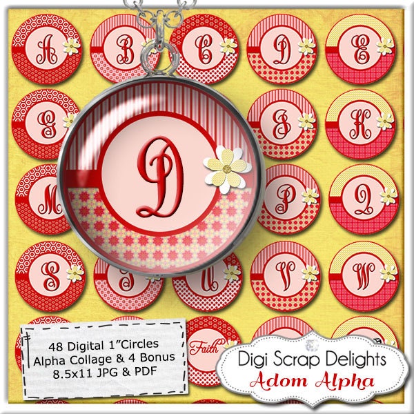 Pink Red Gold Alpha Collage - One Inch Circles- Pendants, Magnets, Hair Bows, Jewelry, Bottle Caps, Instant Download