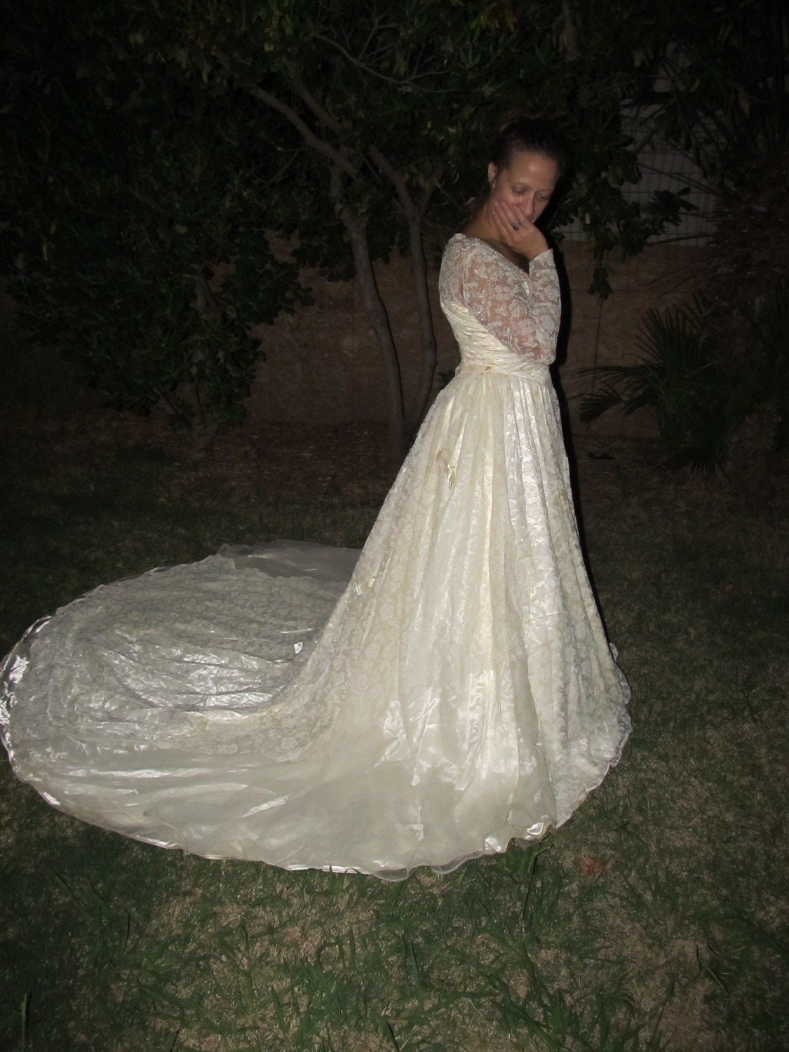 Gorgeous 1950s Handmade Antique Wedding Gown With Antique Lace and Tiny Seed Pearl Embellishments
