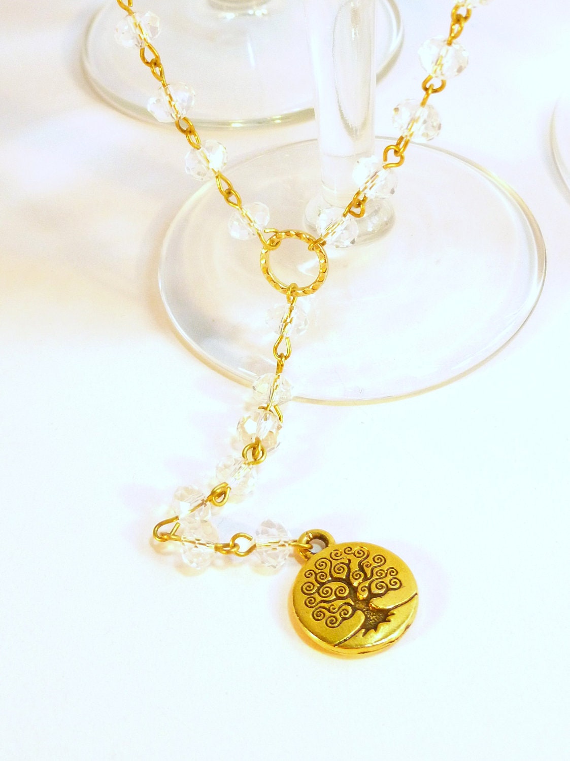 Clear Crystal and Gold Tree of Life Long Rosary Style Necklace